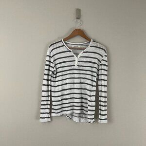 Anine Bing Linen Henley Shirt in Gray & White Stripe Size Small